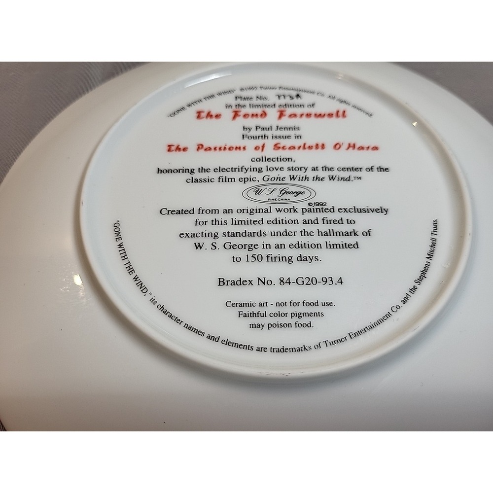 The Fond Farewell' Plate, 1992, Ltd Edt, 4th in Series, Vtg Gone With The Wind - Picture 3 of 5